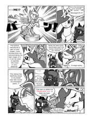 Size: 1200x1650 | Tagged: safe, artist:docpel, princess celestia, princess luna, robot, g4, comic, japanese, lunatic, monochrome, pixiv, s1 luna