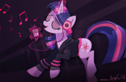 Size: 1082x700 | Tagged: dead source, safe, artist:kawaiidogarts, twilight sparkle, g4, clothes, headphones, i-pod, music