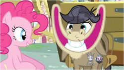 Size: 978x557 | Tagged: safe, screencap, cranky doodle donkey, pinkie pie, donkey, earth pony, pony, a friend in deed, g4, hub logo, ponyville, smiling