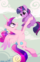 Size: 700x1082 | Tagged: safe, artist:kawaiidogarts, princess cadance, twilight sparkle, alicorn, pony, unicorn, g4, cloud, cloudy, cute, female, filly, filly twilight sparkle, flying, foalsitter, mare, unicorn twilight