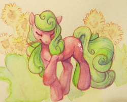 Size: 477x382 | Tagged: safe, artist:noel, daisy, flower wishes, earth pony, pony, g4, eyes closed, female, flower, mare, raised hoof, solo, traditional art