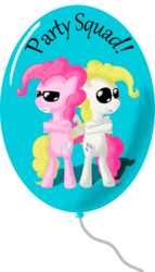 Size: 601x1054 | Tagged: safe, artist:kiyoshiii, pinkie pie, surprise, earth pony, pegasus, pony, g1, g4, balloon, bipedal, duo, g1 to g4, generation leap, sunglasses