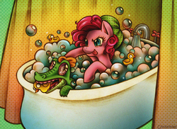 Size: 850x618 | Tagged: safe, artist:christinies, gummy, pinkie pie, alligator, earth pony, pony, g4, :p, bath, bubble bath, duo, duo male and female, female, hat, male, mare, pet, rubber duck, shower cap, tongue out