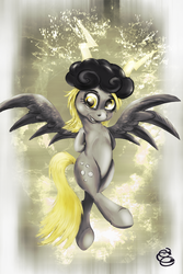 Size: 998x1498 | Tagged: safe, artist:miradge, derpy hooves, pony, g4, bipedal, cloud, female, lightning, solo