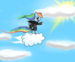 Size: 1037x849 | Tagged: safe, artist:kiyoshiii, rainbow dash, pegasus, pony, g4, bipedal, clothes, cloud, cloudy, female, flying, headphones, hoodie, mare, open mouth, pointing, signature, sky, solo, sun