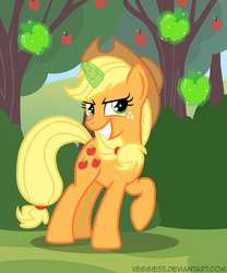 Size: 1024x1229 | Tagged: dead source, safe, artist:veggie55, applejack, pony, unicorn, g4, apple, apple tree, bush, evil smile, female, food, glowing, glowing horn, green apple, grin, horn, magic, mare, race swap, raised hoof, smiling, solo, telekinesis, tree, unicorn applejack