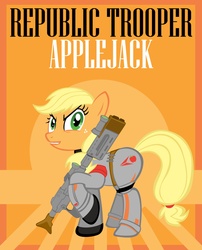 Size: 2008x2480 | Tagged: safe, artist:bouxn, applejack, earth pony, pony, g4, armor, clothes, costume, crossover, female, gun, high res, solo, star wars, star wars: the old republic, weapon