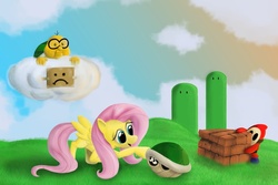 Size: 1080x720 | Tagged: dead source, safe, artist:squiby-327, fluttershy, koopa troopa, lakitu, shy guy, g4, brick block, comfort, crossover, cute, hiding, lakitu cloud, male, mario, nintendo, no worries, super mario bros.