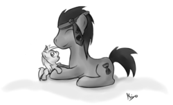 Size: 738x453 | Tagged: safe, artist:kiyoshiii, dinky hooves, doctor whooves, time turner, earth pony, pony, unicorn, g4, duo, eyes closed, monochrome