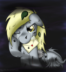 Size: 800x877 | Tagged: safe, artist:kiyoshiii, derpy hooves, pegasus, pony, g4, crying, female, injured, letter, mare, sad