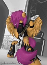 Size: 964x1316 | Tagged: safe, artist:kiyoshiii, scootaloo, pony, g4, bipedal, clothes, female, flying v, guitar, heavy metal, metal, musical instrument, solo