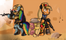 Size: 830x507 | Tagged: safe, artist:kiyoshiii, applejack, fluttershy, rainbow dash, pony, g4, bipedal, ponies with guns, weapon