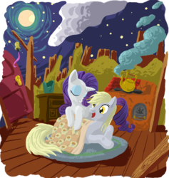 Size: 900x951 | Tagged: safe, artist:leavingcrow, derpy hooves, rarity, pegasus, pony, unicorn, g4, blanket, duo, duo female, eyes closed, female, mare