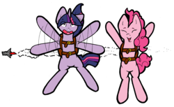 Size: 2611x1601 | Tagged: safe, artist:sinclair2013, pinkie pie, twilight sparkle, earth pony, pegasus, pony, unicorn, g4, duo focus, eyes closed, falling, flailing, generic pony, parachute, simple background, skydiving, transparent background, trio, unicorn twilight