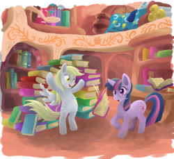 Size: 900x825 | Tagged: safe, artist:leavingcrow, derpy hooves, twilight sparkle, pony, g4, bipedal, book, book fort, duo, golden oaks library, library