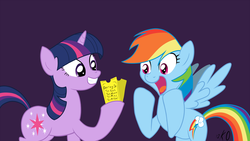 Size: 1920x1080 | Tagged: safe, artist:kyojiogami, daring do, rainbow dash, twilight sparkle, pony, g4, duo, hind legs, ticket