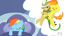 Size: 1920x1080 | Tagged: safe, artist:kyojiogami, daring do, rainbow dash, spitfire, pony, g4, dream, shipper on deck, sleeping