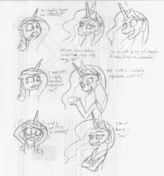 Size: 1020x1094 | Tagged: safe, artist:zicygomar, princess cadance, princess celestia, alicorn, pony, g4, comic, crossed arms, duo, duo female, female, mare, monochrome, pencil drawing, traditional art, trollestia