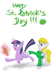 Size: 2550x3300 | Tagged: safe, artist:verulence, derpy hooves, twilight sparkle, pegasus, pony, g4, book, clothes, female, high res, mare, pinch, saint patrick's day, sweater