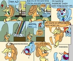 Size: 1035x857 | Tagged: safe, artist:cgeta, applejack, rainbow dash, earth pony, pegasus, pony, g4, comic, crying, duo, funny, laughing, tears of laughter, trolling