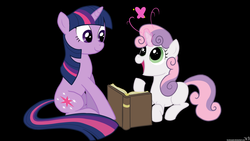 Size: 1920x1080 | Tagged: safe, artist:kyojiogami, sweetie belle, twilight sparkle, pony, unicorn, g4, black background, book, duo, duo female, female, filly, foal, mare, reading, simple background, unicorn twilight