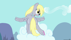 Size: 1920x1080 | Tagged: safe, artist:kyojiogami, derpy hooves, pegasus, pony, g4, butt, cloud, cloudy, cute, cutie mark, female, gum, hooves, looking down, mare, on a cloud, open mouth, plot, solo, spread wings, standing, standing on a cloud, surprised, wallpaper, wings