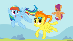 Size: 1920x1080 | Tagged: safe, artist:kyojiogami, rainbow dash, scootaloo, spitfire, pony, g4, flying lesson, scootaloo can fly, scootalove, trio