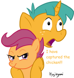 Size: 911x967 | Tagged: safe, artist:kyojiogami, scootaloo, snails, pony, g4, colt, duo, duo male and female, female, filly, foal, implied scootabuse, male, open mouth, scootachicken, scootaloo is not amused, simple background, unamused