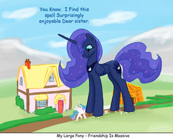 Size: 1280x1024 | Tagged: safe, artist:shieltar, princess celestia, princess luna, alicorn, pony, g4, bush, cloud, dialogue, duo, duo female, female, folded wings, giant pony, giantess, house, looking at each other, looking at someone, looking down, looking up, macro, mare, mega luna, open door, open mouth, road, siblings, sisters, sky, spread wings, surprised, window, wings