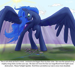 Size: 1280x1134 | Tagged: safe, artist:shieltar, princess luna, pony, g4, dialogue, female, giant pony, macro, mega giant, mega luna, solo, spread wings