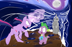 Size: 2500x1625 | Tagged: safe, artist:kyojiogami, spike, twilight sparkle, pony, g4, duo, gem, glowing eyes, magic, moon, statue, water