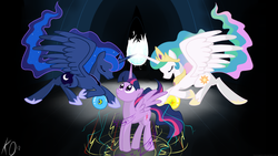 Size: 1920x1080 | Tagged: safe, artist:kyojiogami, princess celestia, princess luna, twilight sparkle, alicorn, pony, g4, eyes closed, magic, sisters, trio