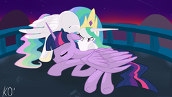 Size: 1920x1080 | Tagged: safe, artist:kyojiogami, princess celestia, twilight sparkle, alicorn, pony, g4, duo