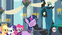 Size: 640x360 | Tagged: safe, screencap, applejack, pinkie pie, queen chrysalis, rarity, twilight sparkle, changeling, changeling queen, a canterlot wedding, g4, female, youtube caption