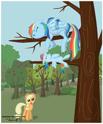 Size: 1160x1391 | Tagged: safe, artist:isegrim87, applejack, rainbow dash, oc, oc:ragtag, oc:shooting star, g4, female, foal, momma dash, mother, mother and child, mother and daughter, nap, offspring, parent:rainbow dash, parent:soarin', parents:soarindash, siblings, sisters, sleeping, sweet apple acres, tree, twins