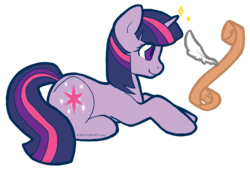 Size: 2321x1575 | Tagged: safe, artist:sinclair2013, twilight sparkle, pony, unicorn, g4, female, prone, quill, scroll, simple background, solo, transparent background, unicorn twilight, writing