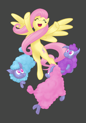 Size: 418x600 | Tagged: safe, artist:theinkbot, fluttershy, pegasus, pony, sheep, g4, season 3, crystal empire, ewe, eyes closed, female, gray background, mare, open mouth, simple background, spread wings, tiny ewes, wings