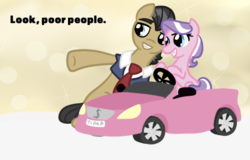 Size: 500x319 | Tagged: safe, artist:otterlore, diamond tiara, filthy rich, earth pony, pony, g4, car, male, power wheels, stallion, toy car