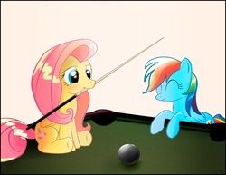 Size: 902x695 | Tagged: safe, artist:snickersoid, fluttershy, rainbow dash, pegasus, pony, g4, billiards, duo, female, folded wings, mare, mouth hold, pool cue, pool table, sitting, smiling, wings