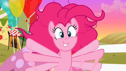 Size: 640x360 | Tagged: safe, screencap, pinkie pie, earth pony, pony, g4, my little pony: friendship is magic, season 2, the super speedy cider squeezy 6000, balloon, bed hair, bed mane, bipedal, blue eyes, excited, flailing, great moments in animation, messy hair, messy mane, morning, multiple arms, multiple limbs, pink body, pink coat, pink fur, pink hair, pink mane, pink pony, poofy hair, poofy mane, smear frame, smiling, solo, sunrise, tent, waving, waving arms