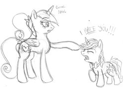 Size: 900x648 | Tagged: dead source, safe, artist:enigmaticfrustration, prince blueblood, princess cadance, alicorn, pony, unicorn, g4, colt, colt blueblood, duo, duo male and female, female, foal, male, pencil drawing, sketch, teenager, traditional art, yelling, young cadance, younger