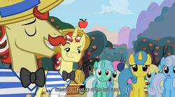 Size: 638x354 | Tagged: safe, screencap, bon bon, flam, flim, lemon hearts, linky, lyra heartstrings, sassaflash, shoeshine, sweetie drops, g4, the super speedy cider squeezy 6000, dreamworks face, flim flam brothers, youtube caption