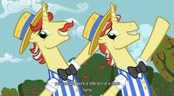 Size: 638x356 | Tagged: safe, screencap, flam, flim, pony, g4, the super speedy cider squeezy 6000, bipedal, flim flam brothers, grin, police, smiling, youtube caption