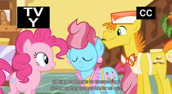 Size: 638x346 | Tagged: safe, screencap, carrot cake, cup cake, pinkie pie, earth pony, pony, g4, mmmystery on the friendship express, female, male, mare, stallion, tv rating, youtube caption