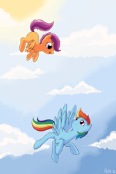 Size: 1000x1500 | Tagged: dead source, safe, artist:lisaorise, rainbow dash, scootaloo, pegasus, pony, g4, blank flank, cloud, cloudy, duo, female, filly, flying, foal, mare, open mouth, scootaloo can fly, scootalove, signature, sky, spread wings, sun, wings