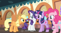 Size: 636x354 | Tagged: safe, screencap, applejack, pinkie pie, rarity, twilight sparkle, g4, mmmystery on the friendship express, hub logo, youtube caption