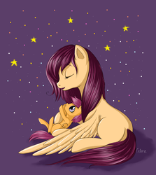 Size: 1585x1777 | Tagged: dead source, safe, artist:lisaorise, scootaloo, oc, pegasus, pony, g4, abstract background, butt, cute, cutealoo, eyes closed, female, filly, foal, legs in air, looking up, mare, mother and daughter, on back, open mouth, plot, reaching, scootaloo's parents, scootalove, singing, sitting, sky, smiling, spread wings, starry backdrop, stars, wings, younger