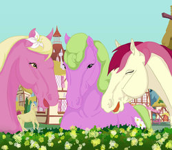 Size: 900x788 | Tagged: dead source, safe, artist:unicornfinder5, daisy, flower wishes, goldengrape, lily, lily valley, roseluck, sir colton vines iii, g4, female, flower trio, hoers, laughingmares.jpg, male, male and female, mare, realistic, stallion, trio focus