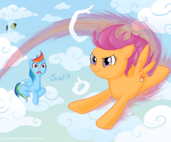 Size: 1200x1000 | Tagged: dead source, safe, artist:lisaorise, rainbow dash, scootaloo, pegasus, pony, g4, cloud, duo, duo female, female, filly, flying, foal, mare, scootaloo can fly, shocked