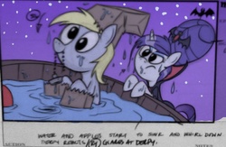 Size: 720x469 | Tagged: safe, artist:jim miller, color edit, edit, derpy hooves, rarity, pegasus, pony, g4, luna eclipsed, official, behind the scenes, colored, deleted scene, female, mare, nightmare night, nightmare night rarity, paper bag wizard, photo, storyboard, vampire costume, what could have been